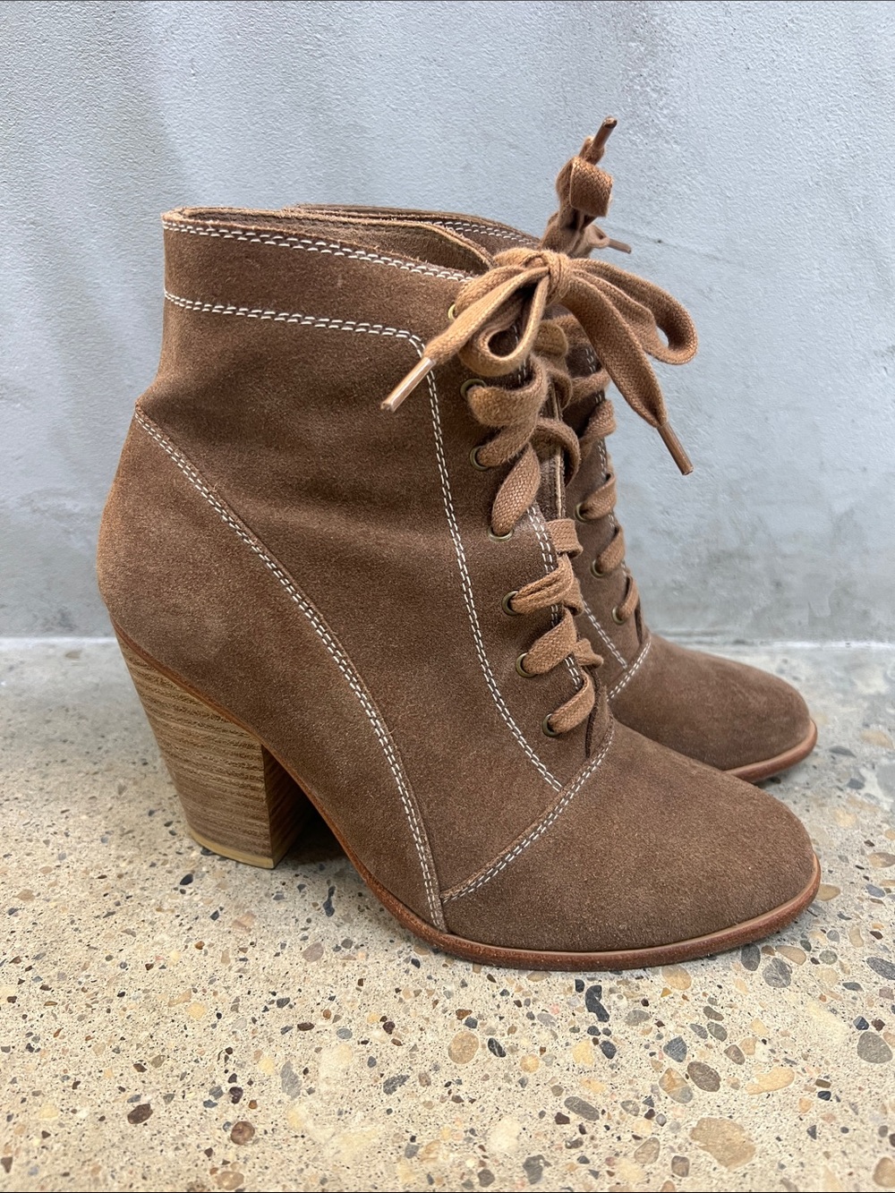 Women's Tan Suede Lace-Up Ankle Boots with Block Heel